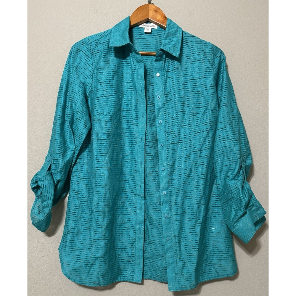 Cold Water Creek Blouse Top Womens XS 4-6 Long Coastal‎ Beach Turquoise Sheer